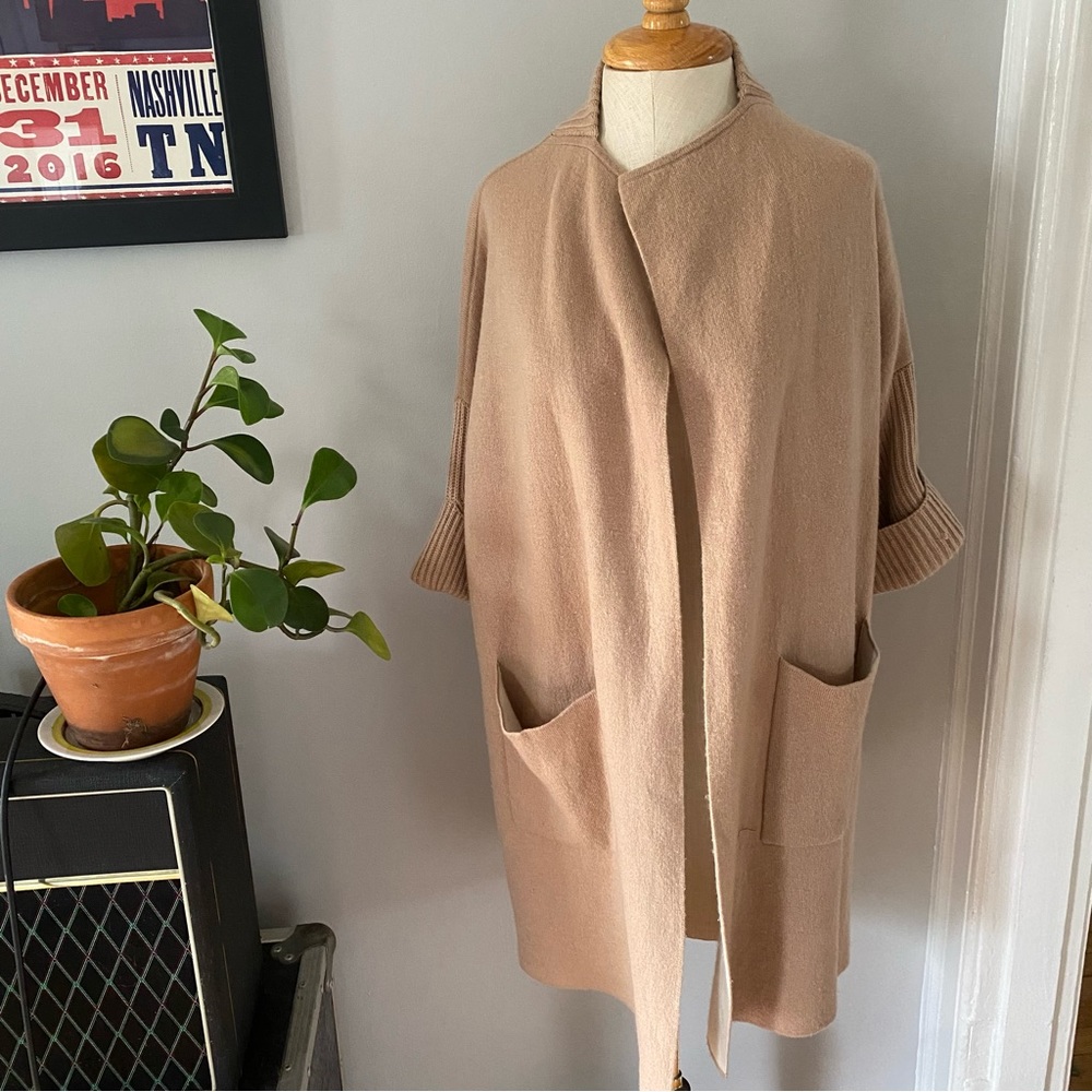 J McLaughlin long open cardigan sweater cashmere wool colorblock camel cream S